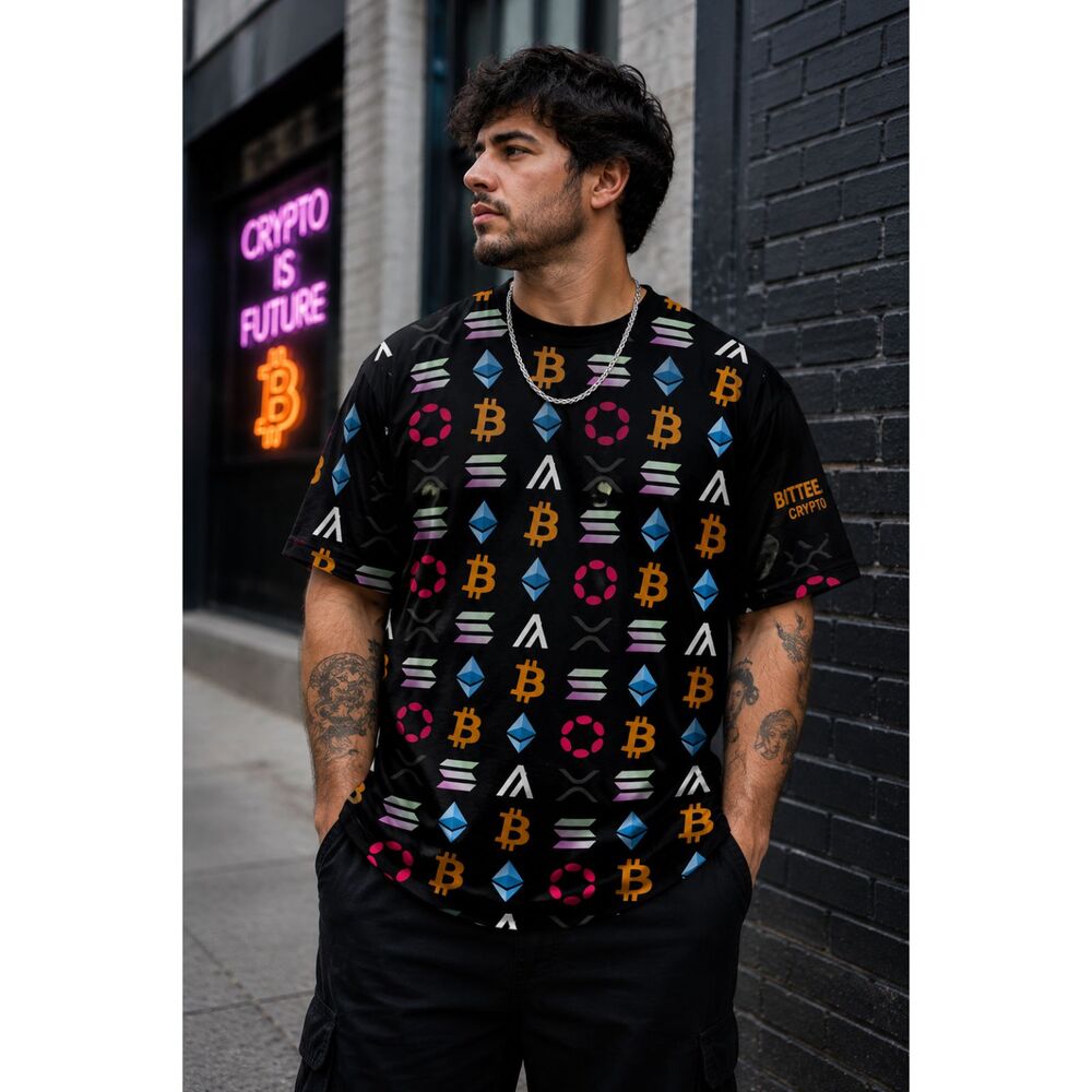 Crypto All Over Print T-Shirt Men’s XL Bitcoin Ethereum XRP Solana Graphic Tee